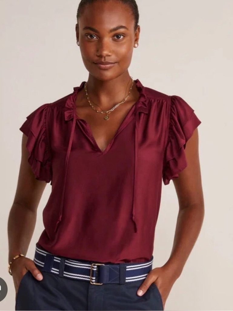 Vineyard Vines Women’s Silk Cupro Ruffle Neck Blouse Top Burgundy Size Large Euc